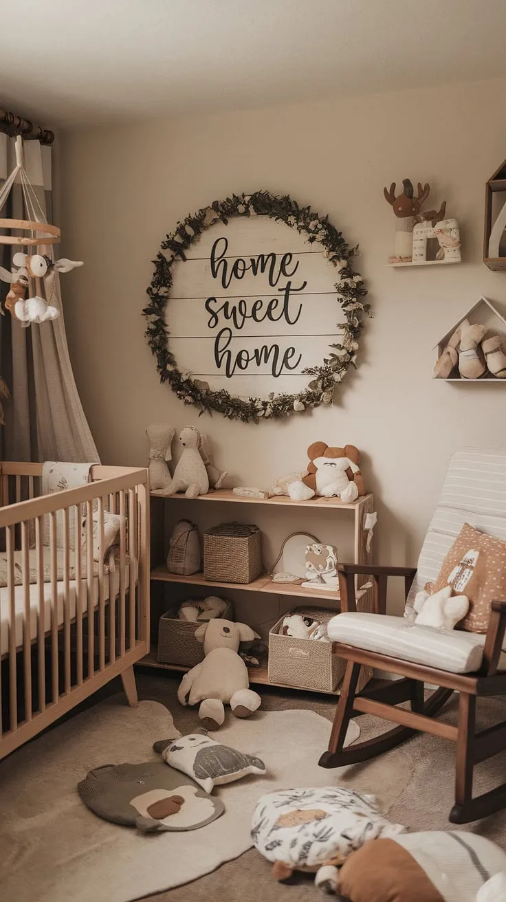 Nestled amongst soft textures and natural light, this nursery is a dream come true. The rustic charm of the wooden crib and rocker blends seamlessly with the playful animal mobile and soft toys, creating a calming and inviting atmosphere. It's a space designed for snuggles, lullabies, and the sweetest of dreams; a true home sweet home.