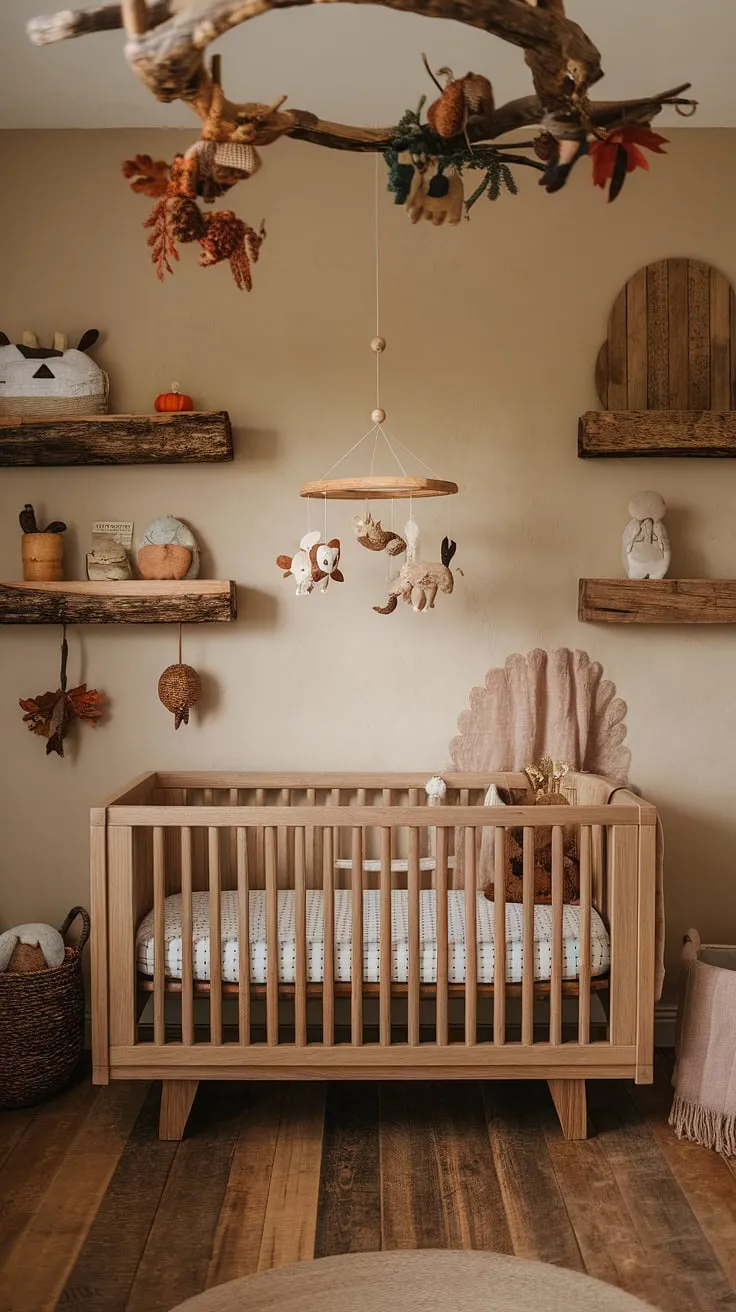 A haven of natural calm, this rustic nursery whispers gentle lullabies. The wooden crib, wildlife mobile, and autumnal touches create a space where sweet dreams are born. A perfect blend of warmth and serenity for your little one.