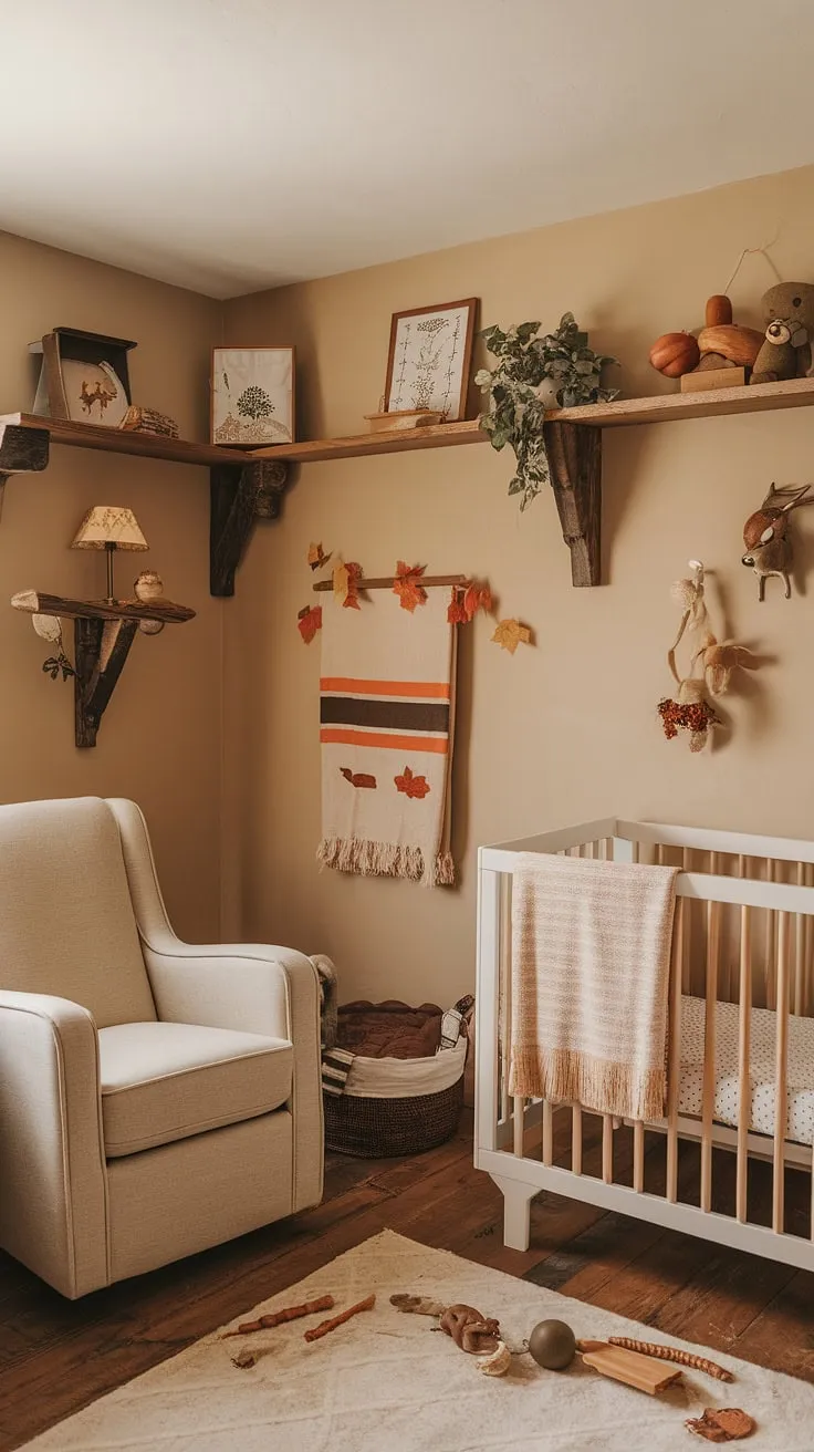 A haven of warmth and natural beauty, this rustic nursery whispers tales of woodland adventures and cozy autumn nights. The soft beige walls, wooden accents, and carefully chosen wildlife-themed treasures create a space where sweet dreams are born.