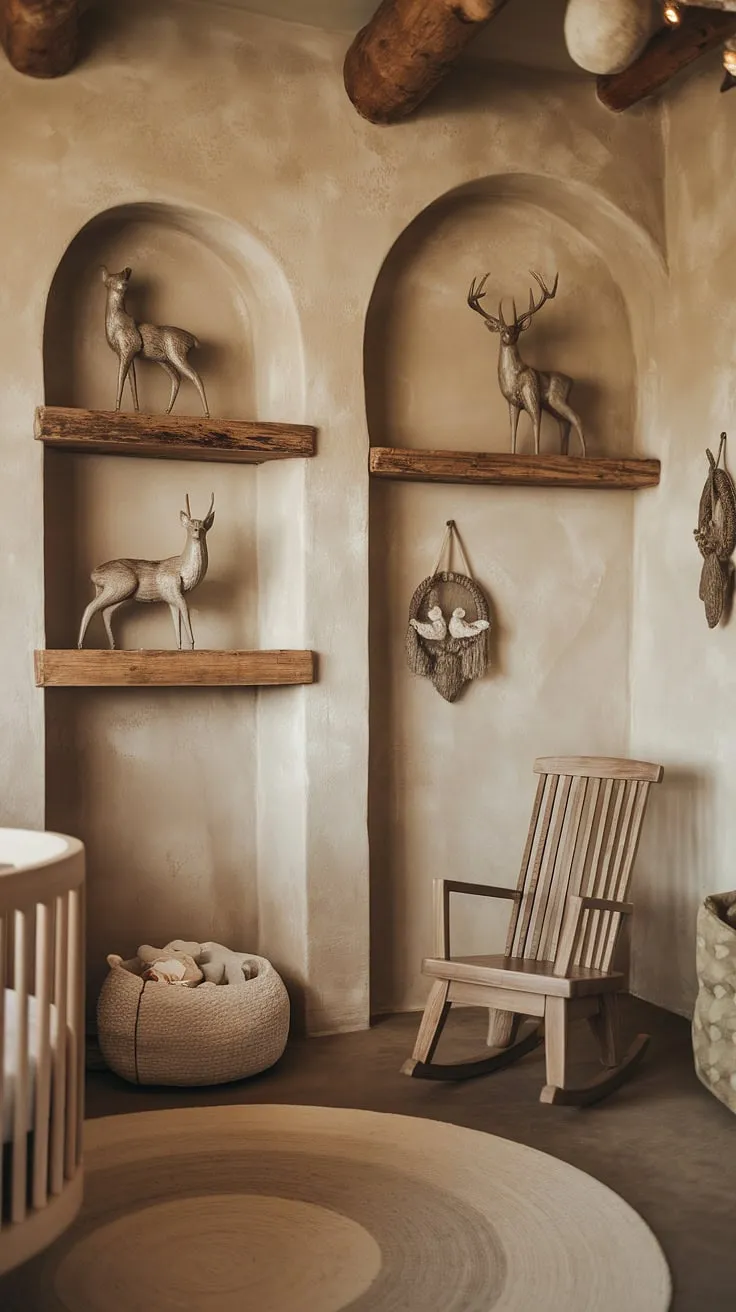 Nestled amongst the textures and tones of nature, this nursery is a tranquil retreat. Wooden shelves display whimsical deer and bird sculptures, while a cozy rocking chair invites quiet moments. A space designed for comfort and connection, it's where love grows and dreams take flight. A truly special place for a little one.