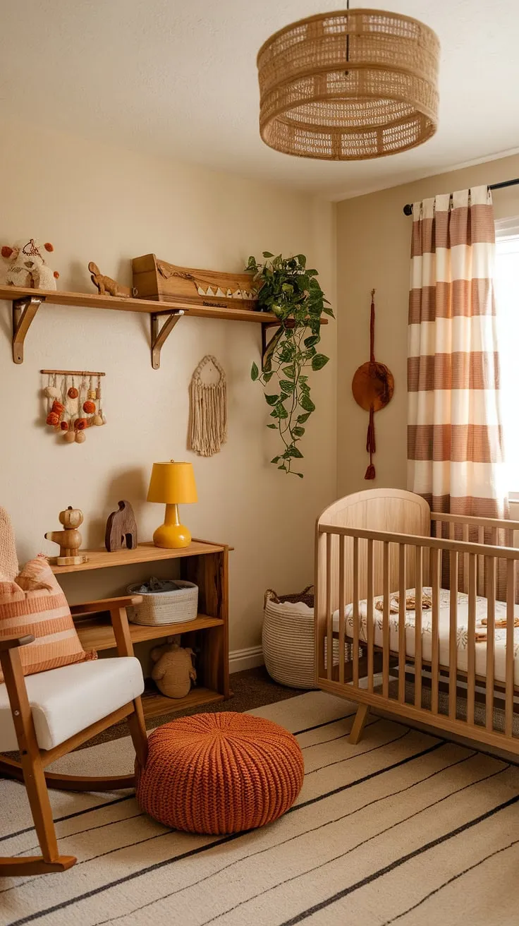 A haven of warmth and natural beauty, this rustic nursery welcomes a new arrival with open arms. The gentle glow of the lamp, the comforting presence of the rocking chair, and the earthy tones create a space of serenity and love. A perfect sanctuary for precious moments.