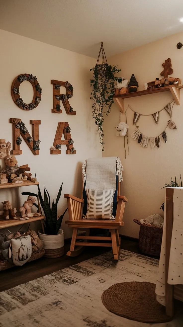 Nestled amongst wooden letters and the scent of blooming plants, this rustic nursery whispers promises of gentle growth and boundless adventures. A space designed for quiet moments and the unfolding of a beautiful story.