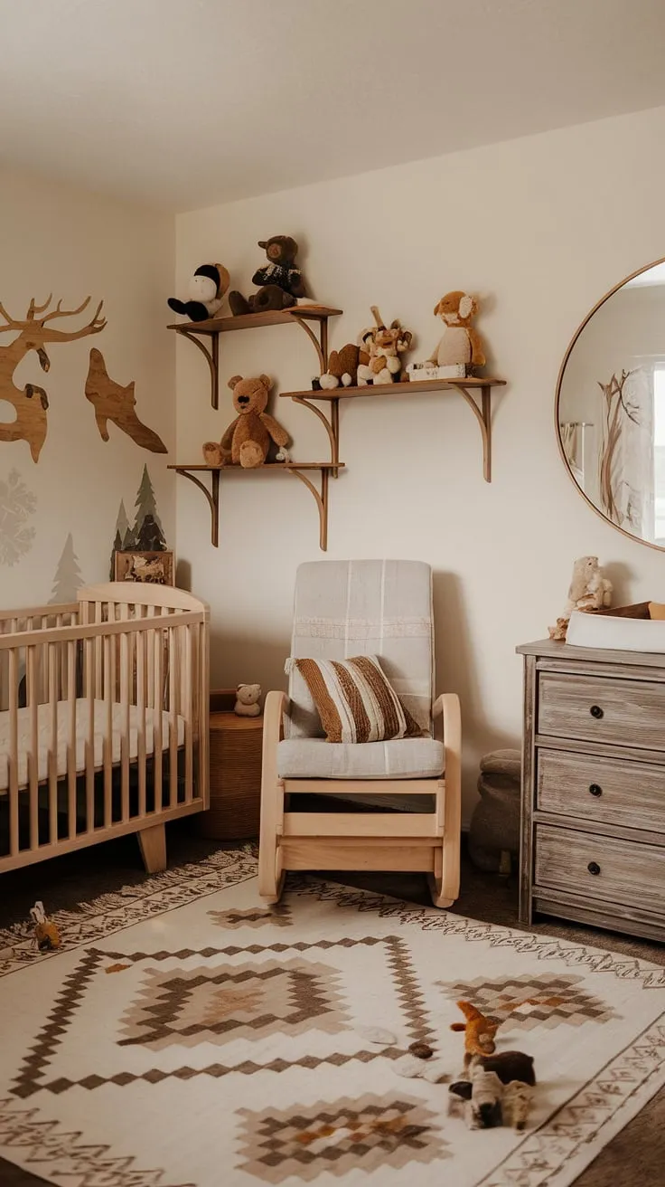 A haven of rustic charm, this nature-inspired nursery whispers gentle dreams. The distressed wood furniture, plush animal companions, and soft textures create a space where tranquility meets playful adventure. A perfect sanctuary for little ones to grow.