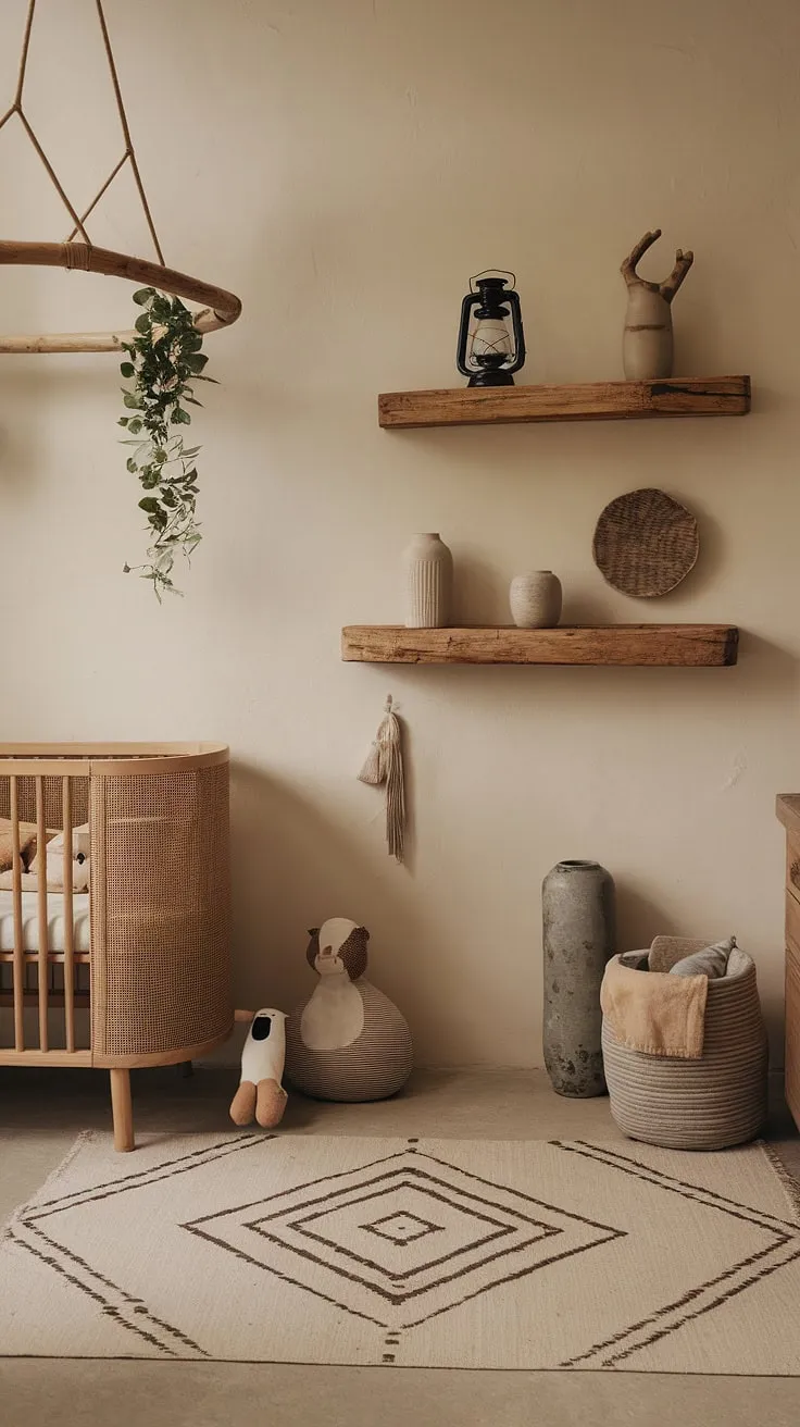 This rustic nursery, bathed in warm light, is a testament to simple elegance. The carefully curated details, from the woven crib to the geometric rug, create a space that is both stylish and incredibly comforting for baby's first years.