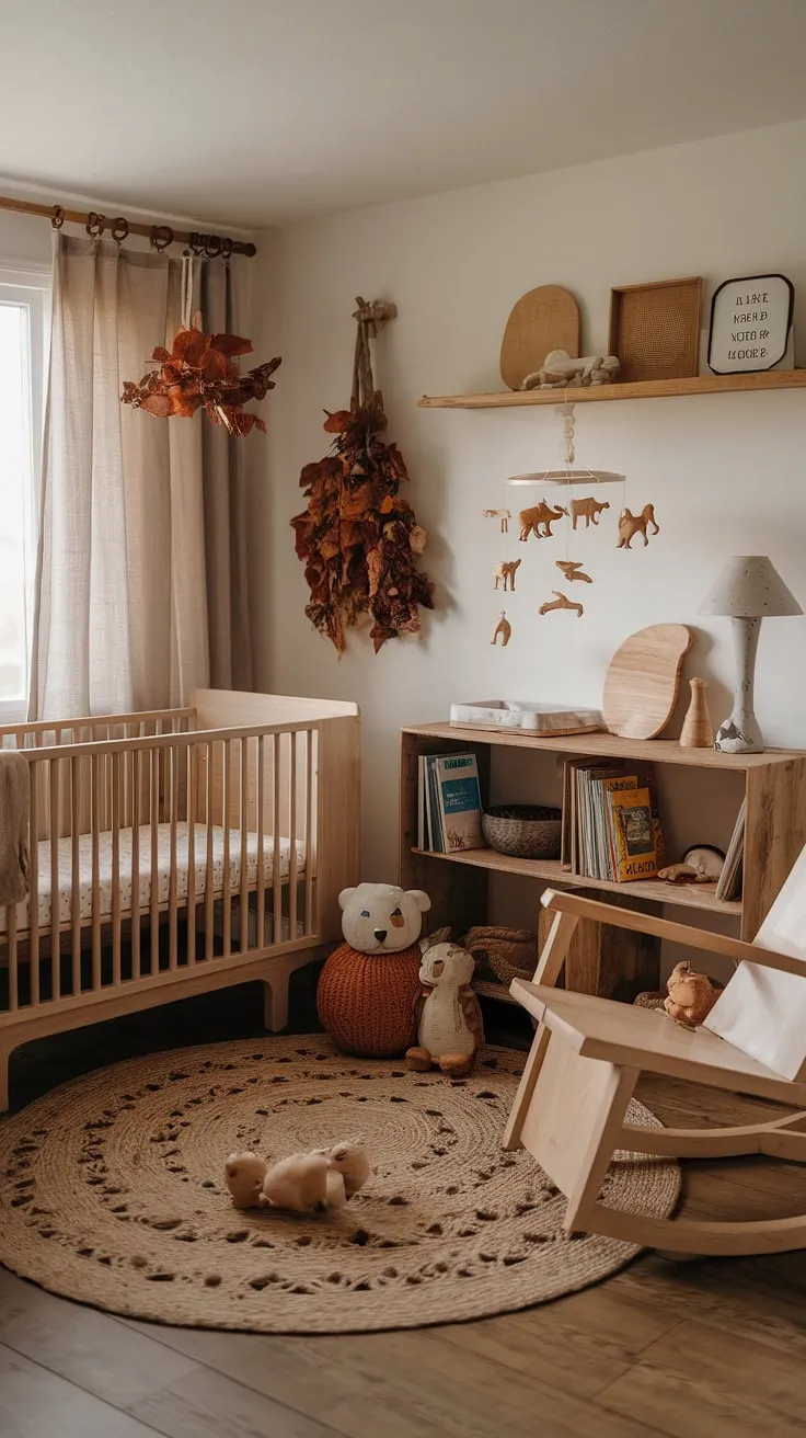 Nestled amongst autumnal tones and wildlife wonders, this neutral nursery is a sanctuary of peace. The handcrafted wooden furniture, soft wool rug, and gentle lighting create a space that's both inviting and utterly enchanting. A truly special place for your child to grow.