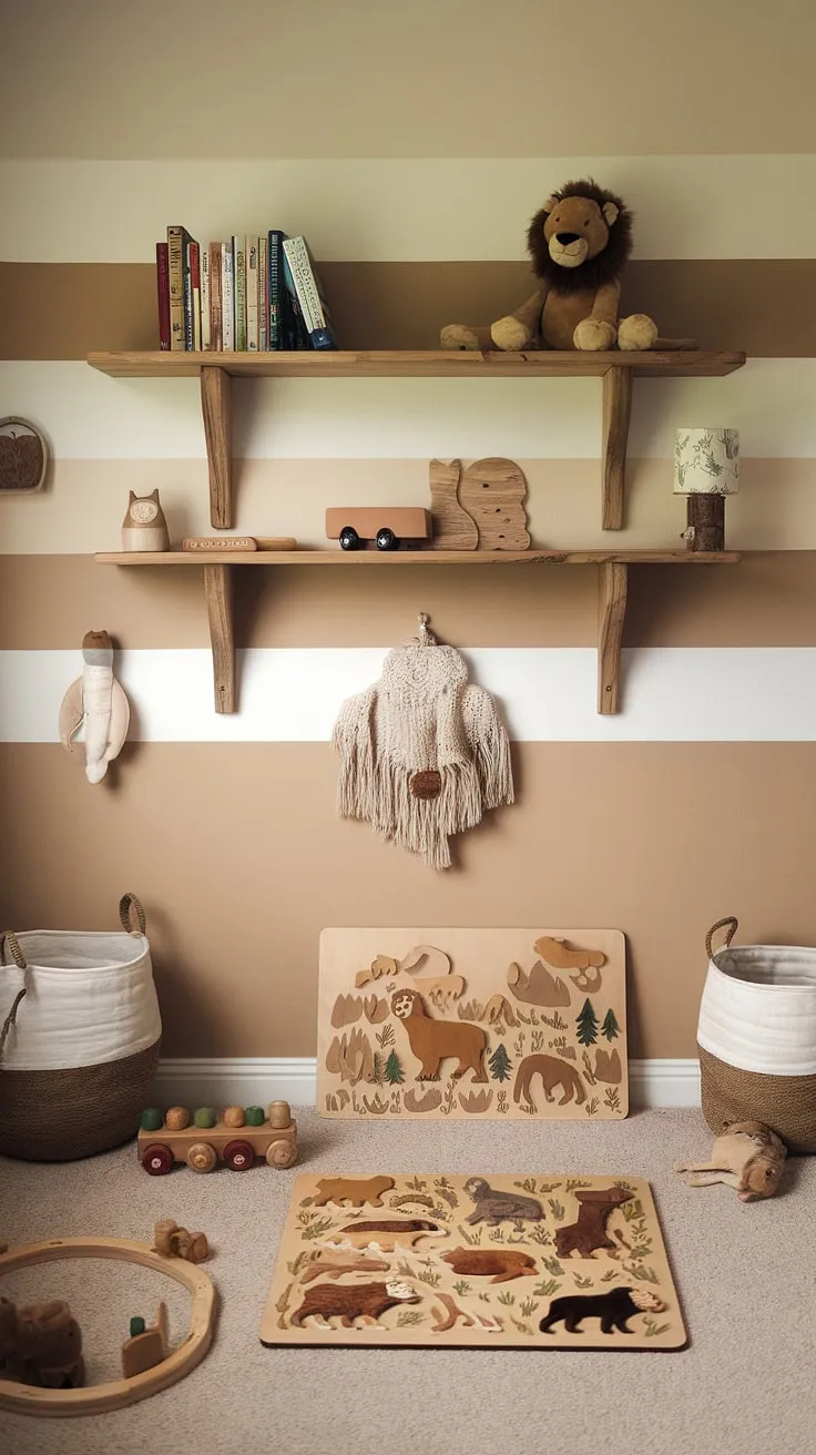 A haven of natural calm, this rustic nursery nurtures a love for wildlife and imaginative play. The soft beige tones and wooden accents create a peaceful atmosphere, while the wildlife-themed puzzle and stuffed animals spark curiosity and wonder. A perfect space for little ones to grow and explore.
