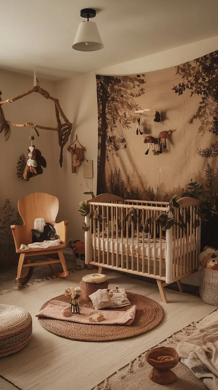 Nestled amongst nature's embrace, this nursery is a testament to simple elegance. The wooden crib adorned with leaves, the forest tapestry, and the handmade animal mobile all contribute to a calming atmosphere. A space where gentle rocking and quiet moments foster a deep connection, it's a haven of peace and serenity.