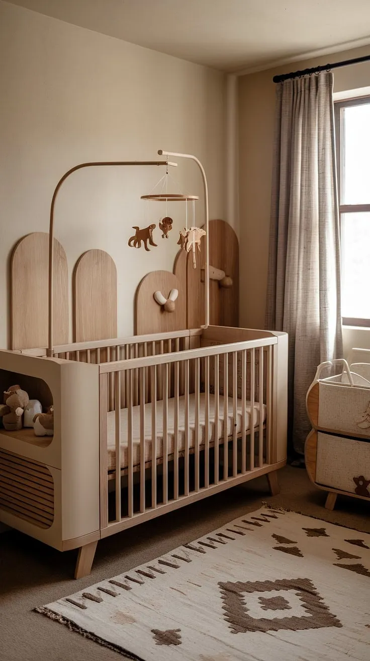 A haven of calm and natural beauty, this nursery is a sanctuary of gentle slumber. The soft beige tones and wooden accents create a space where dreams are nurtured, and the little one can feel safe and surrounded by the wonders of nature.