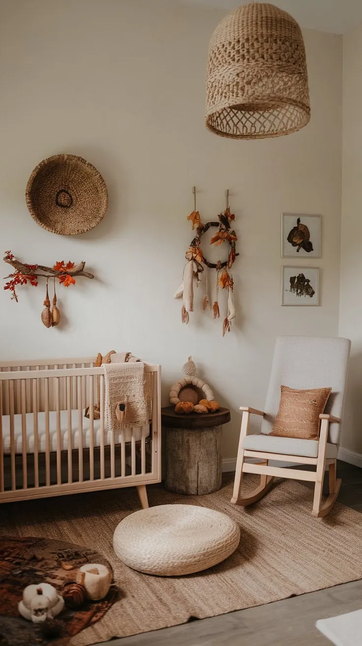 A haven of calm and natural beauty, this rustic nursery is a sanctuary for sweet dreams. The neutral palette, woven textures, and autumnal touches create a space that's both cozy and inviting, perfect for nurturing a little one. A perfect blend of rustic charm and modern simplicity.