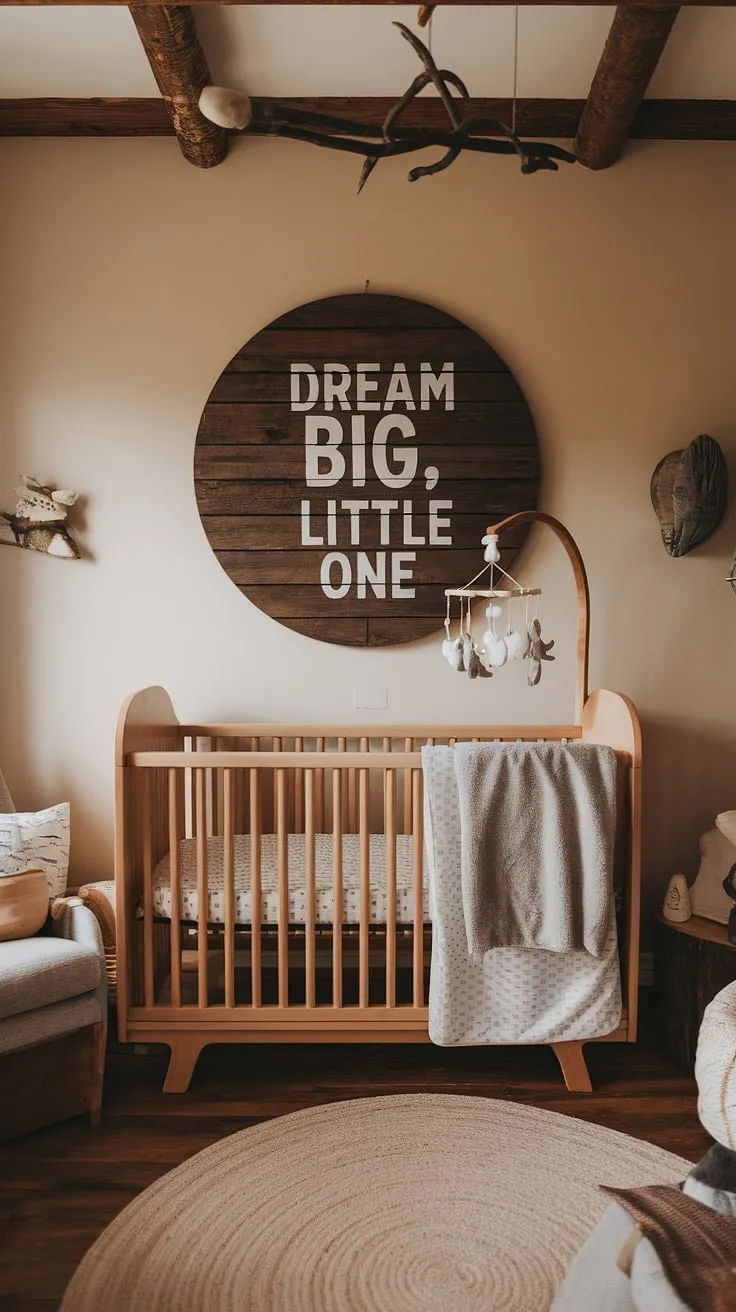 Nestled amongst nature-inspired details, this nursery is a testament to simple elegance. The wooden crib, adorned with a soft grey blanket, promises peaceful slumber. The "Dream Big, Little One" sign serves as a daily reminder of the boundless possibilities awaiting this little one, in a room designed for comfort and growth.