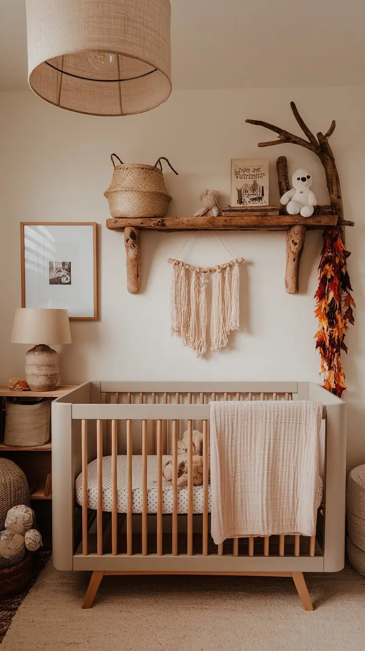 Nestled amongst nature's autumnal hues, this nursery is a sanctuary of tranquility. The neutral palette, complemented by charming wildlife accents, creates a space that is both calming and stimulating for a growing mind. Every detail, from the soft blanket to the carefully chosen decorations, whispers of comfort and gentle exploration.