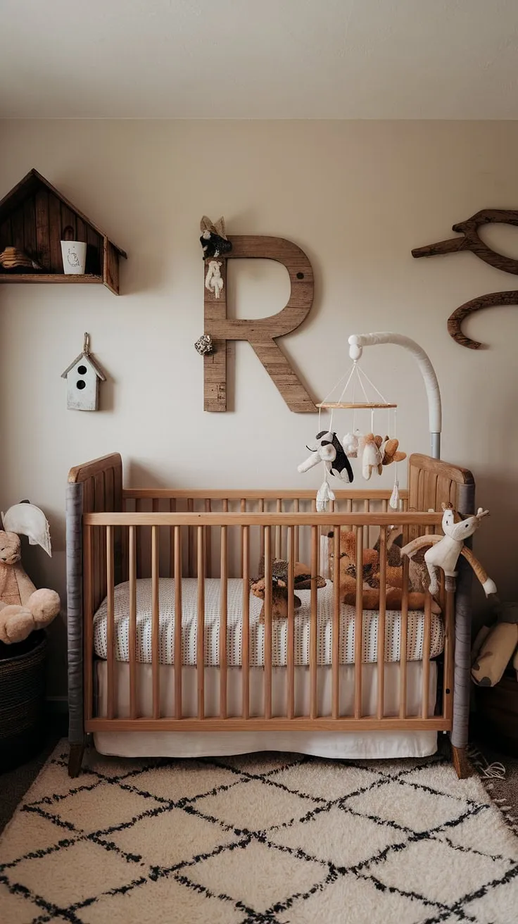 Nestled amongst nature's gentle embrace, this rustic nursery is a haven of calm and wonder. The soft color palette and handcrafted elements, including the wooden crib and personalized letter "R", promise a peaceful sanctuary for precious moments and sweet slumber.