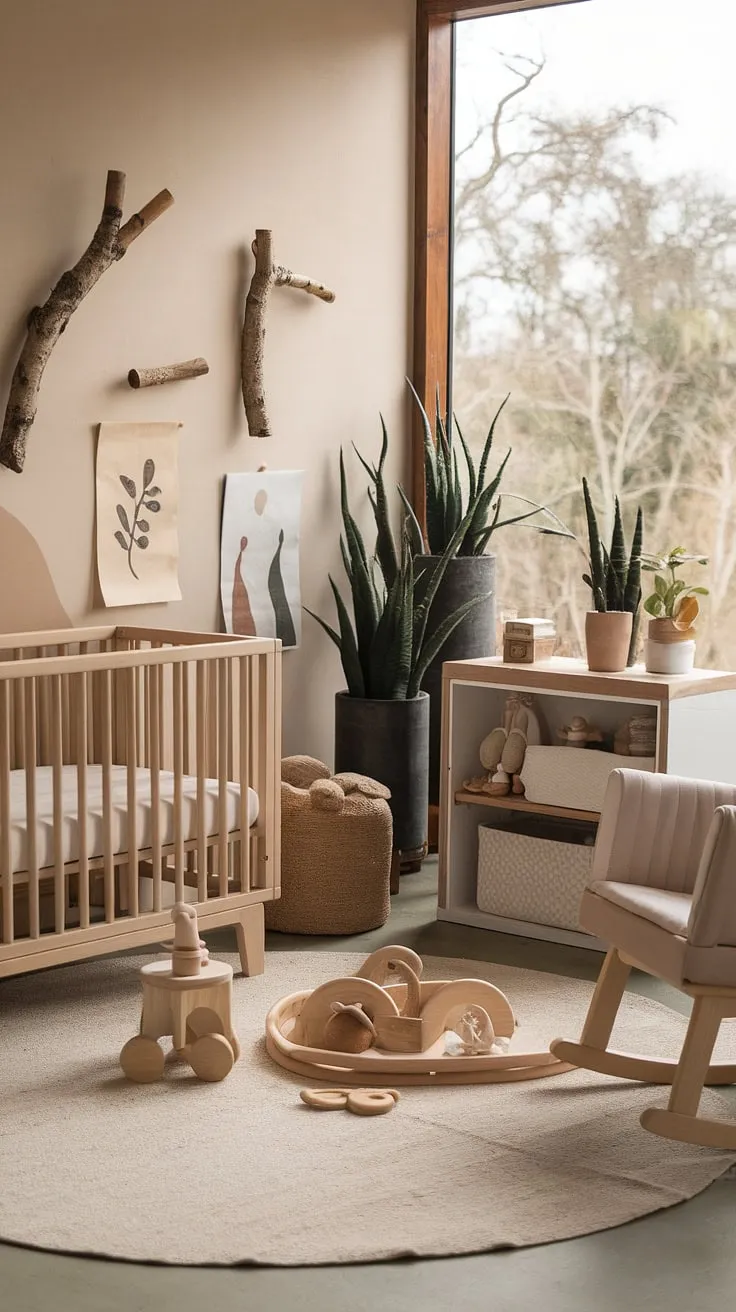 A haven of natural beauty, this nursery is designed to nurture and inspire. The soft light filtering through the window, the gentle rocking chair, and the thoughtfully chosen wooden toys all contribute to a space that feels both comforting and stimulating. A truly special place for your child to grow.
