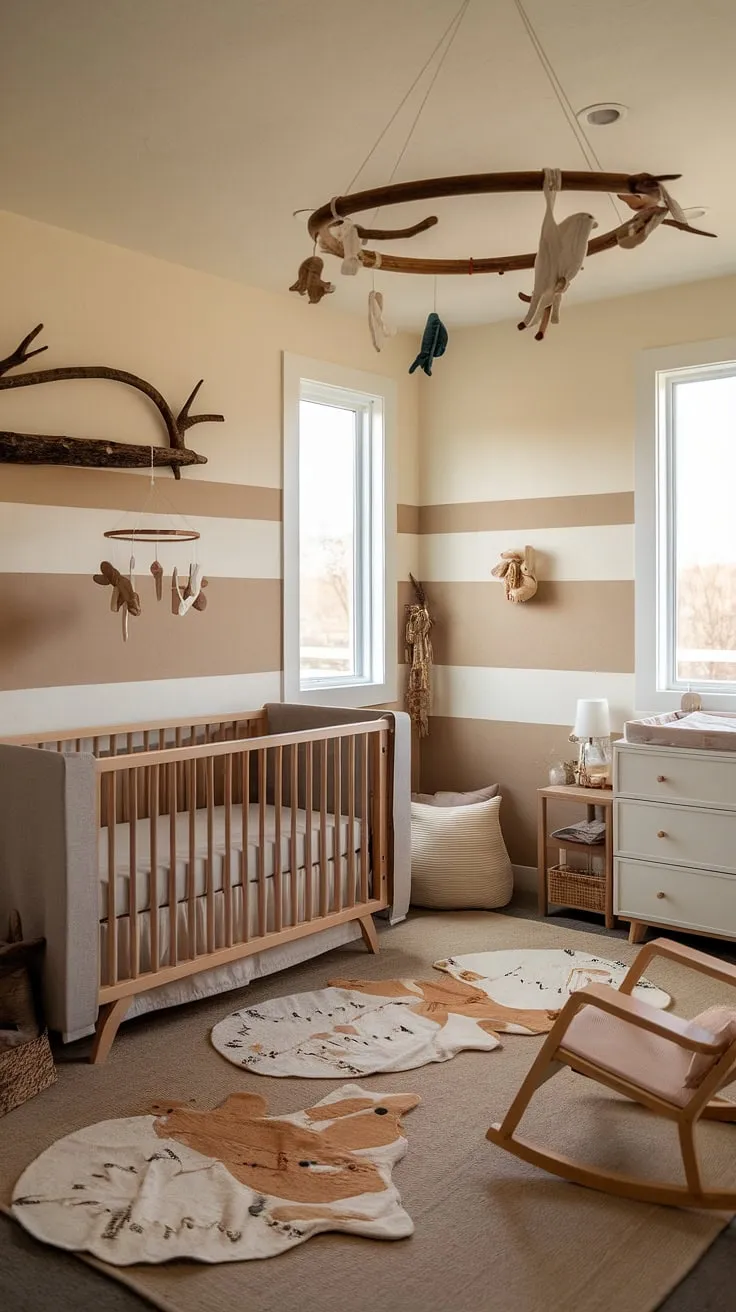 Nestled amongst nature's gentle embrace, this rustic nursery is a testament to simple elegance. The warm tones, handcrafted wooden furniture, and charming animal mobile create a peaceful haven for sweet dreams and quiet moments.