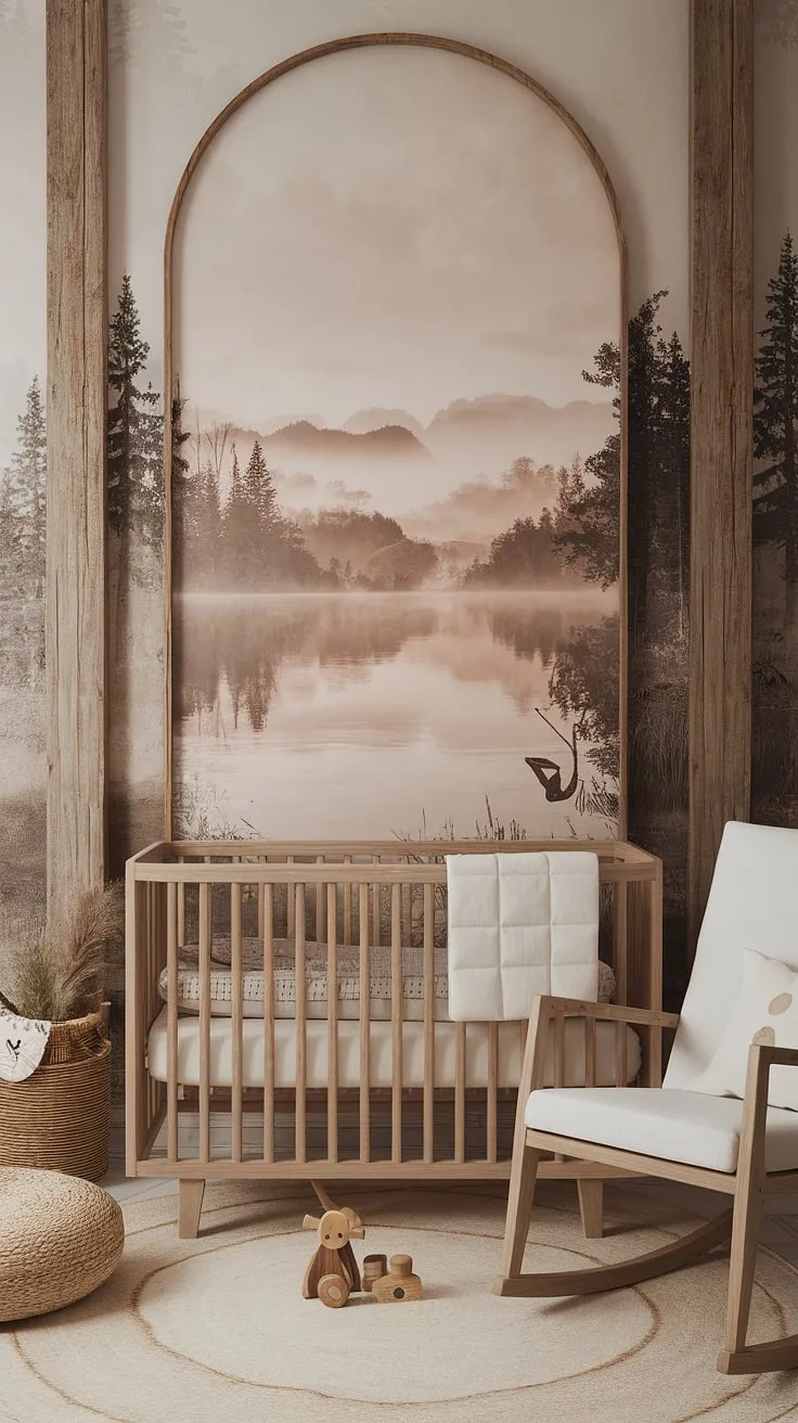 A haven of calm, crafted with natural textures and a soothing color palette. The gentle landscape above the crib promises sweet dreams, while the rustic rocking chair beckons for quiet moments of connection. This nursery is a sanctuary of peace, designed for both parent and child.