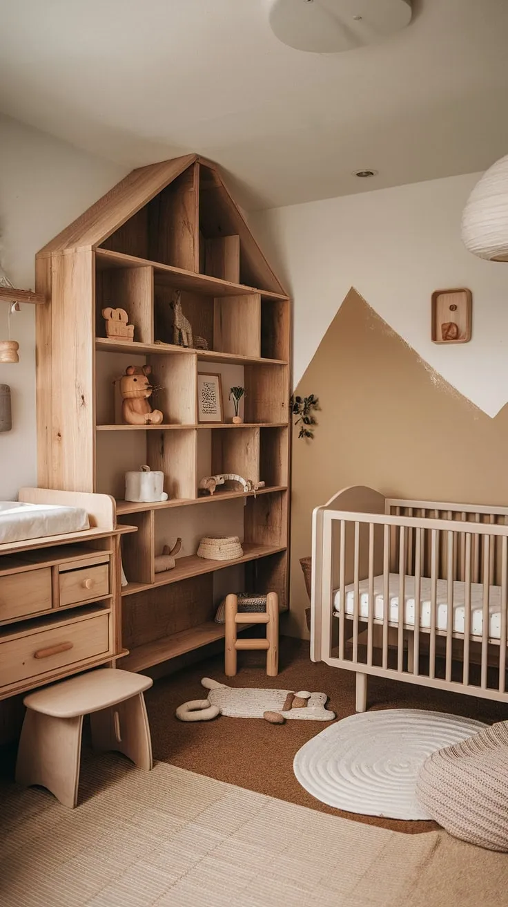 A haven of calm and natural beauty, this nursery is designed to nurture sweet dreams and inspire a love for the outdoors. The soft beige and white palette, complemented by rustic wooden furniture and thoughtful nature-inspired accents, creates a space that is both stylish and serenely comforting for baby and parent alike.