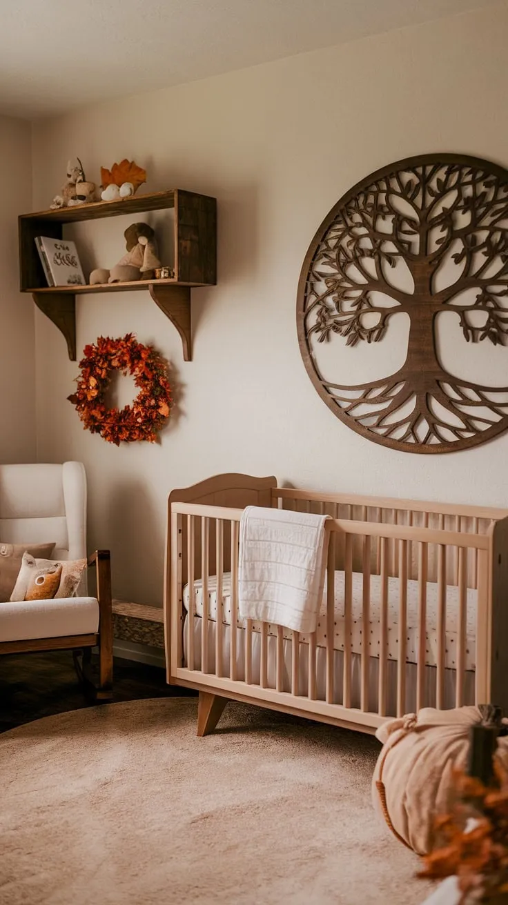 A haven of natural calm, this rustic nursery whispers gentle dreams. The soft beige rug underfoot, the warm wood tones, and the autumnal accents create a space where little ones can feel safe and nurtured. A perfect blend of rustic charm and modern simplicity.