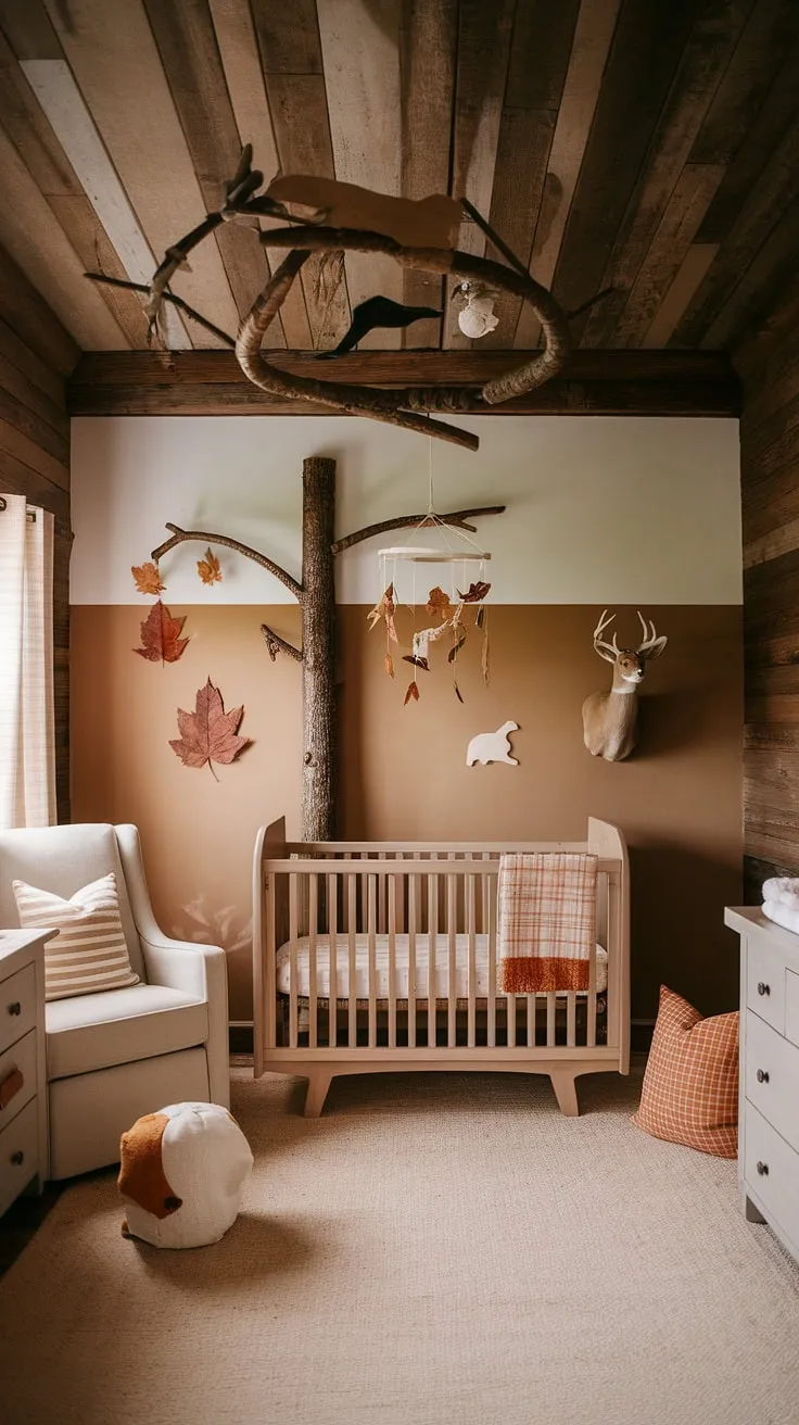 Nestled amongst the trees, this rustic nursery whispers tales of adventure. The carefully curated collection of wildlife decor, from a gentle deer head to a playful wooden bear, creates a whimsical atmosphere. Neutral tones and autumnal touches add warmth and comfort, promising sweet dreams and countless cherished moments.