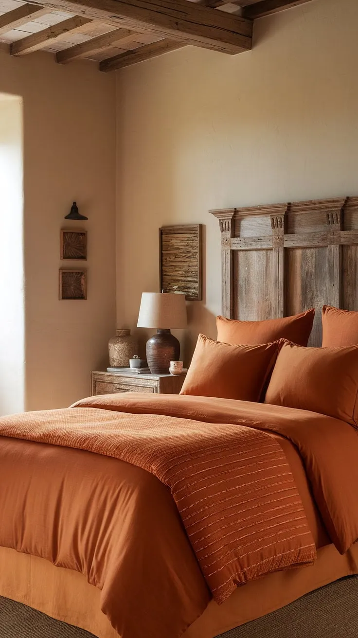 Sun-drenched mornings and cozy nights are made for this rustic bedroom. The terracotta tones create a warm and inviting atmosphere, perfect for unwinding after a long day. A touch of handcrafted detail elevates the space, making it feel both comfortable and uniquely styled.