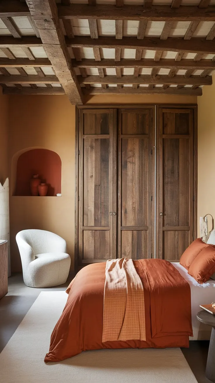 Bathed in the warm glow of terracotta and burnt orange, this rustic bedroom offers a sanctuary of comfort and style. The exposed wooden beams and large wardrobe add to the room's charming character, creating a space that feels both cozy and inviting. A simple white chair provides a touch of contrast, while the carefully chosen accents complete the look.