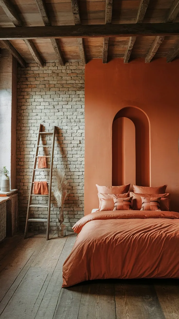Sun-drenched terracotta hues and warm wood create a haven of rustic charm in this orange bedroom. The exposed brick adds a touch of history, while the wooden ladder hints at adventures yet to come. A perfect blend of comfort and character.