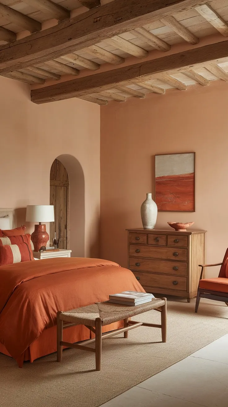 Sun-drenched warmth fills this rustic haven, where burnt orange bedding and terracotta accents create a cozy and inviting atmosphere. The wooden beams and furniture add a touch of rustic charm, perfectly complemented by the soft beige walls and a neutral rug. A perfect blend of texture and color for ultimate relaxation.