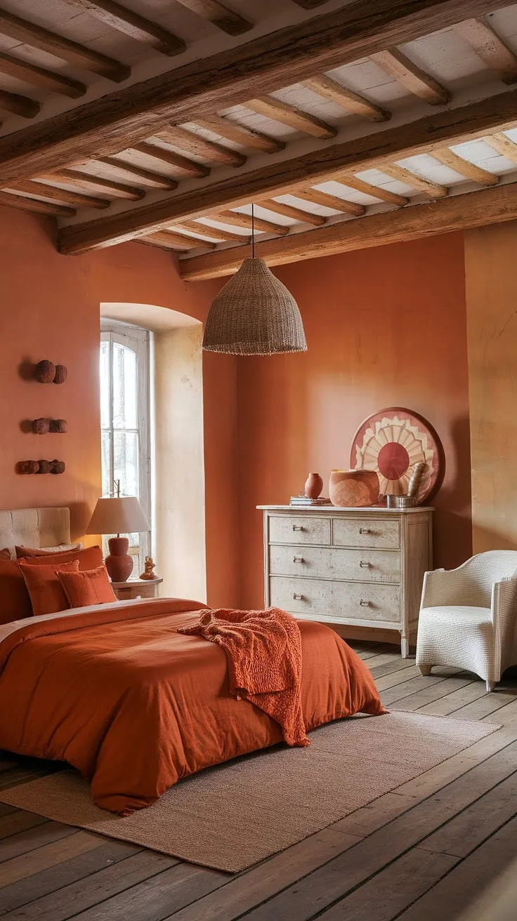 Imagine waking up in this cozy sanctuary. The burnt orange hues, complemented by the white dresser and chair, create a space that's both vibrant and serene. The textured walls and wooden floors add to the rustic charm, making this bedroom a true escape. A place to unwind and recharge.