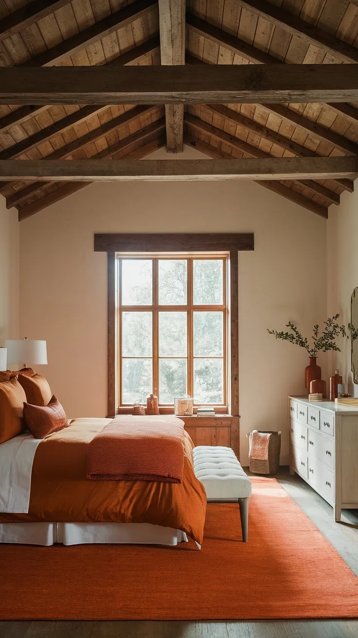 Sun-drenched mornings and cozy nights in this rustic orange bedroom. The burnt orange bedding and terracotta rug create a warm and inviting atmosphere, perfectly complemented by the white walls and wooden beams. A perfect blend of rustic charm and modern comfort.