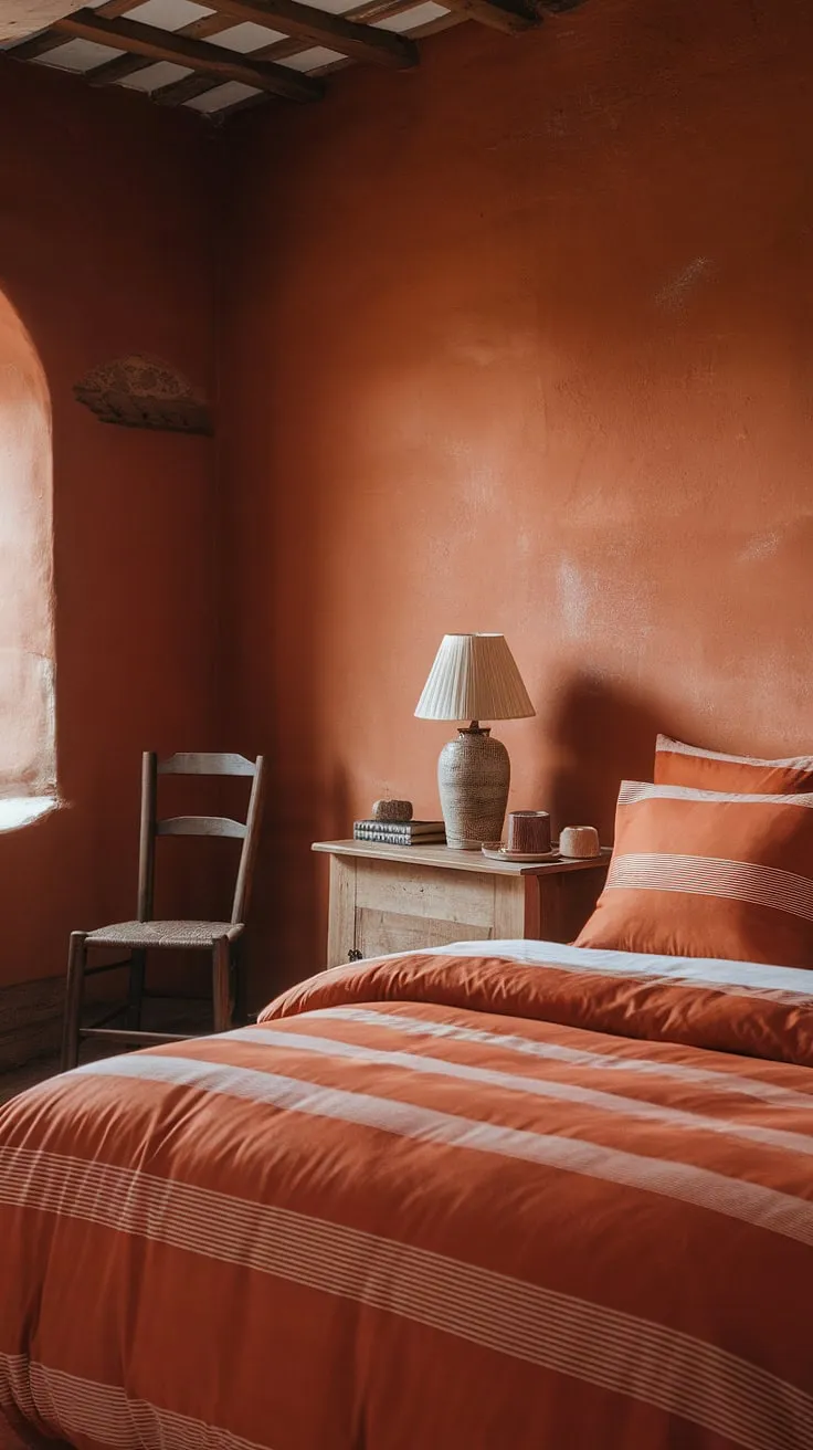 Imagine waking up in this sun-kissed sanctuary. The rich terracotta walls and vibrant orange bedding create a sense of calm and warmth, enhanced by the rustic charm of the wooden chair and the simple elegance of the nightstand. A perfect blend of comfort and style.