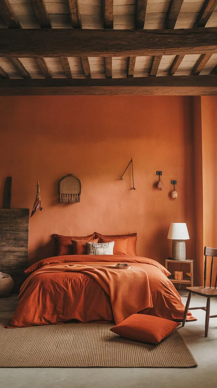 This rustic orange bedroom is a sanctuary of calm. The rich terracotta tones of the bedding and decor are balanced by the natural wood of the beams and chair, creating a space that feels both grounded and uplifting. The simple details, like the woven rug and the single white lamp, add to the room's understated charm.