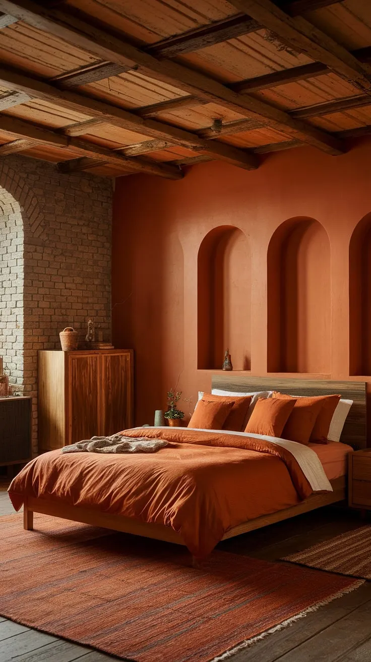 Imagine waking up in this haven of burnt orange and warm wood. The exposed brick walls whisper stories of the past, while the soft, textured bedding invites you to linger in bed. A space brimming with character and comfort, it's a testament to the beauty of simple, earthy elegance.