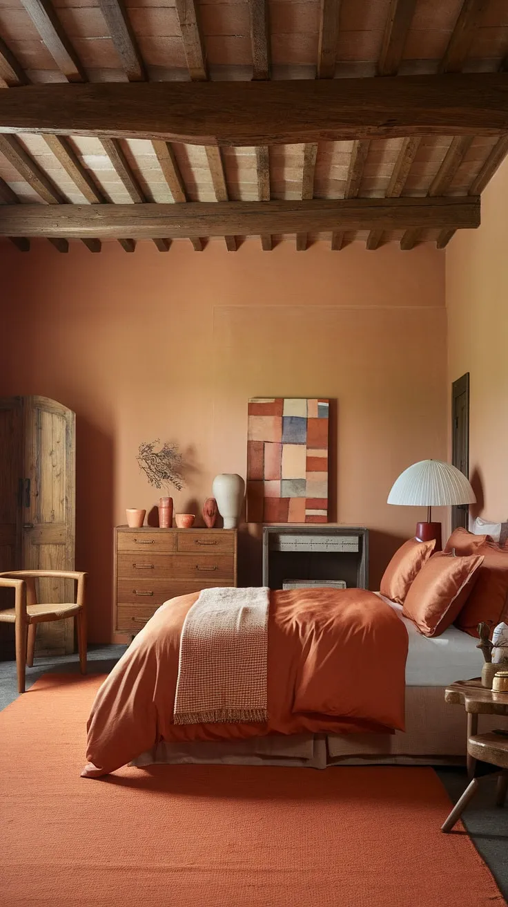 Imagine waking up in this terracotta-toned dream. The rich orange hues, from the walls to the bedding, create a sense of calm and comfort. The rustic wooden furniture and exposed beams add character and warmth, making this bedroom a truly inviting space. A perfect blend of texture and color.