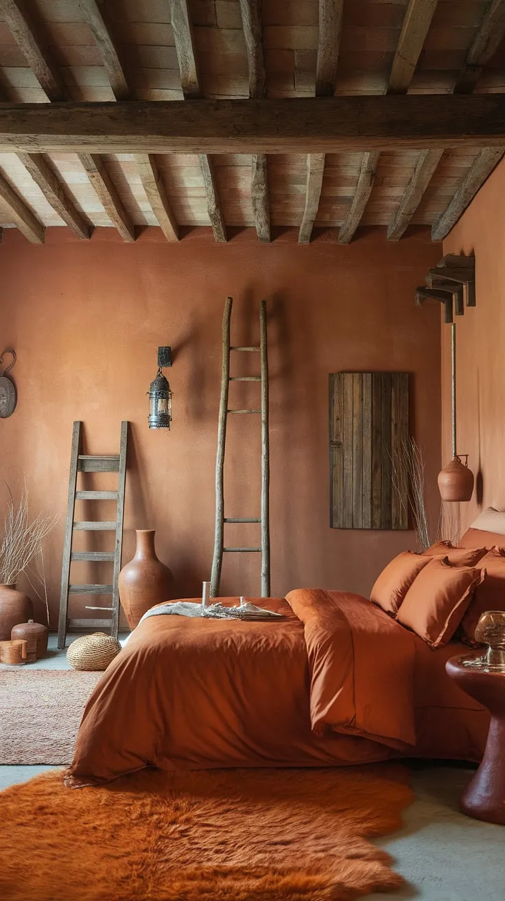 Escape to this sun-kissed sanctuary, where burnt orange bedding and terracotta decor create a warm and inviting ambiance. The rustic wooden beams and vintage details add character and charm, while a plush rug ensures ultimate comfort. A perfect blend of rustic and cozy.
