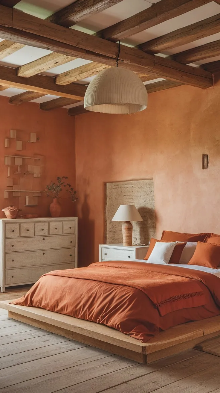 Imagine waking up in this inviting space. A rustic orange bedroom, bathed in natural light, features a wooden platform bed dressed in burnt orange linens. The terracotta decor and textured walls create a sense of warmth and calm, a sanctuary for rest and rejuvenation. A truly tranquil escape.
