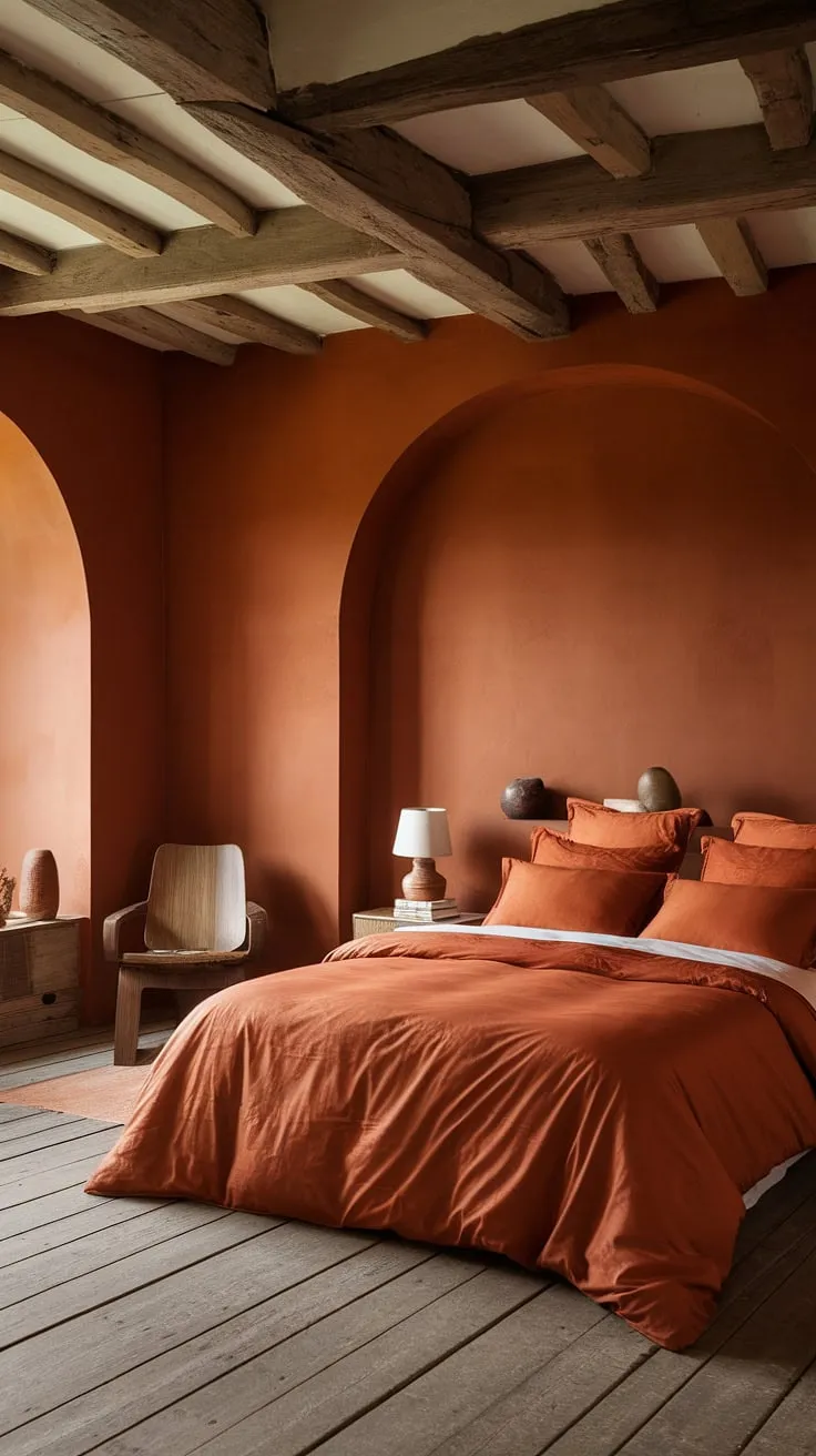 Sun-drenched warmth fills this rustic haven, where burnt orange bedding and terracotta accents create a cozy sanctuary. The wooden beams and floors add a touch of rugged charm, while the white lamp offers a soft contrast. A perfect blend of earthy tones and comforting textures makes this space truly inviting.