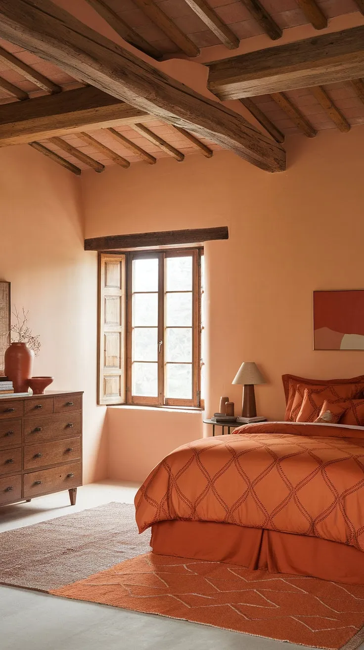 Imagine waking up in this sun-drenched haven. The rich orange tones, from the patterned bedding to the terracotta decor, create a vibrant yet peaceful space. Natural wood beams and a large window flood the room with light, making it the perfect retreat. A true escape.