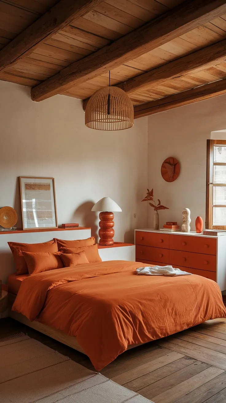 Sun-drenched warmth fills this rustic bedroom, where terracotta hues and natural wood create a haven of calm. The burnt orange bedding and carefully chosen accents invite relaxation and peaceful slumber. A perfect blend of comfort and style.