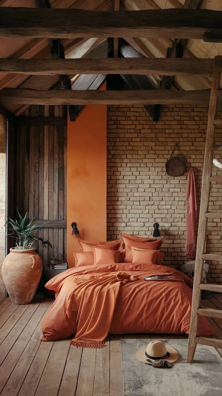 Sun-drenched terracotta hues and rustic charm create a haven of warmth in this cozy bedroom. The exposed wooden beams, brick wall, and earthy tones combine to create a space that feels both inviting and effortlessly stylish. A perfect blend of comfort and character.