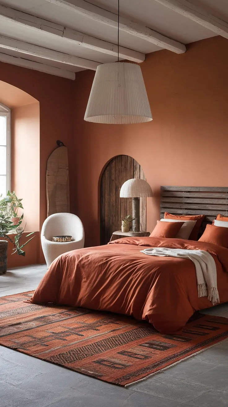 Escape to this tranquil orange oasis, where the rich terracotta hues of the walls and bedding create a sense of warmth and calm. The simple elegance of the white chair and lampshade provides a beautiful contrast, while the patterned rug adds a touch of personality to this inviting bedroom. A perfect blend of rustic charm and modern comfort.