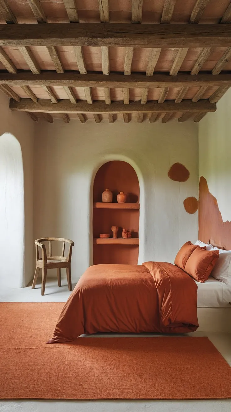 Sun-drenched terracotta hues create a warm and inviting haven in this rustic bedroom. The burnt orange bedding and coordinating decor, complemented by the wooden beams and white walls, evoke a sense of cozy comfort and effortless style. A perfect blend of rustic charm and modern warmth.
