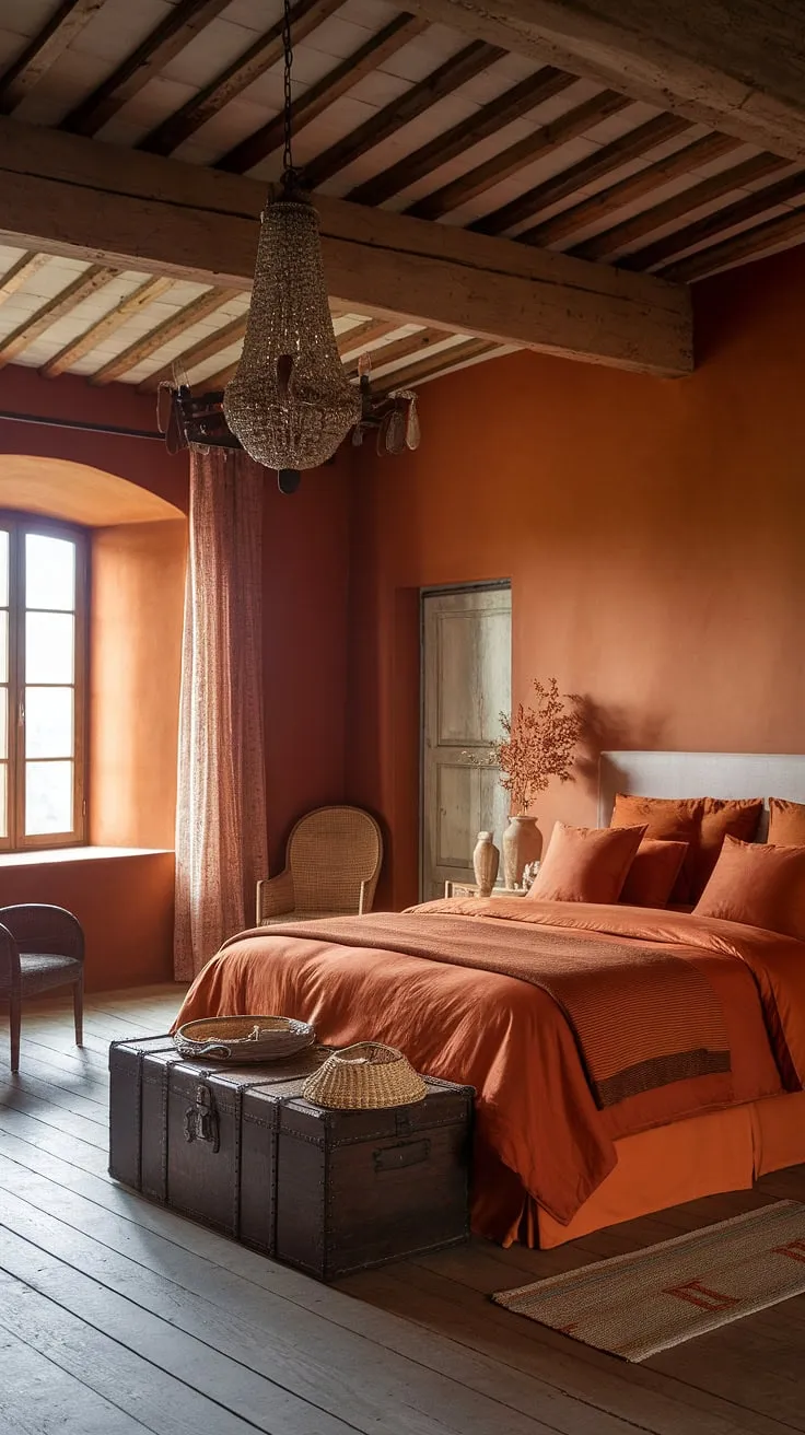 Bathed in the warm glow of sunset, this rustic orange bedroom offers a sanctuary of comfort and style. The terracotta accents, wooden beams, and vintage details create a space that feels both cozy and inviting, a perfect retreat for quiet contemplation and restful nights. A haven of earthy tones and handcrafted textures, it's a testament to the beauty of simple living.