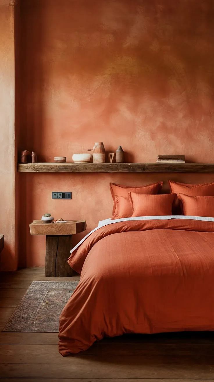 Sun-drenched mornings and cozy nights await in this rustic orange haven. The terracotta bedding and warm wood tones create a space that feels both inviting and effortlessly stylish. A perfect blend of comfort and earthy charm.