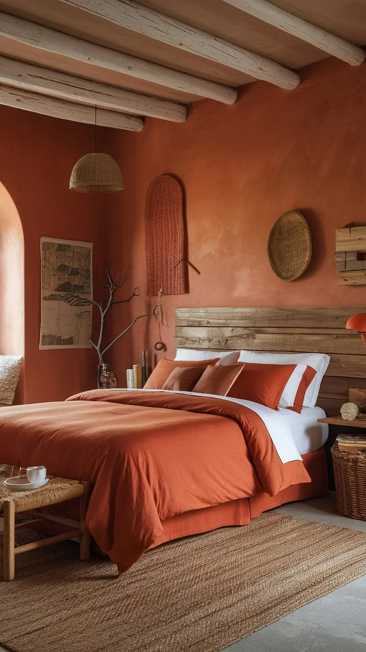 Sun-drenched terracotta walls and burnt orange bedding create a warm, inviting haven. The rustic wooden headboard and woven textures add to the cozy, earthy atmosphere. A perfect blend of comfort and style.