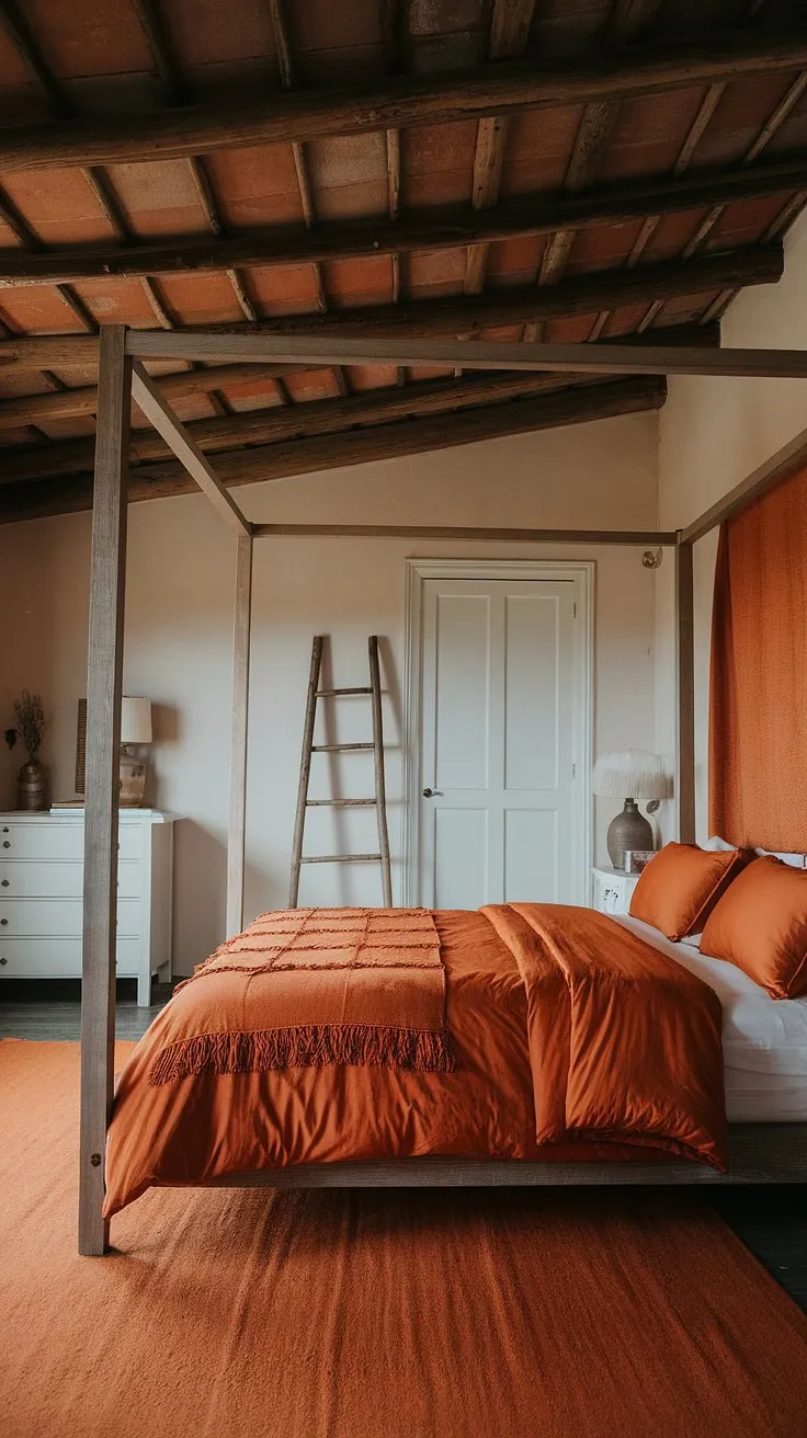 Sunlight streams into this rustic orange bedroom, warming the woven bedding and terracotta rug. The wooden ceiling and ladder add to the cozy, earthy feel, creating a space that's both inviting and uniquely styled. A perfect blend of textures and tones.