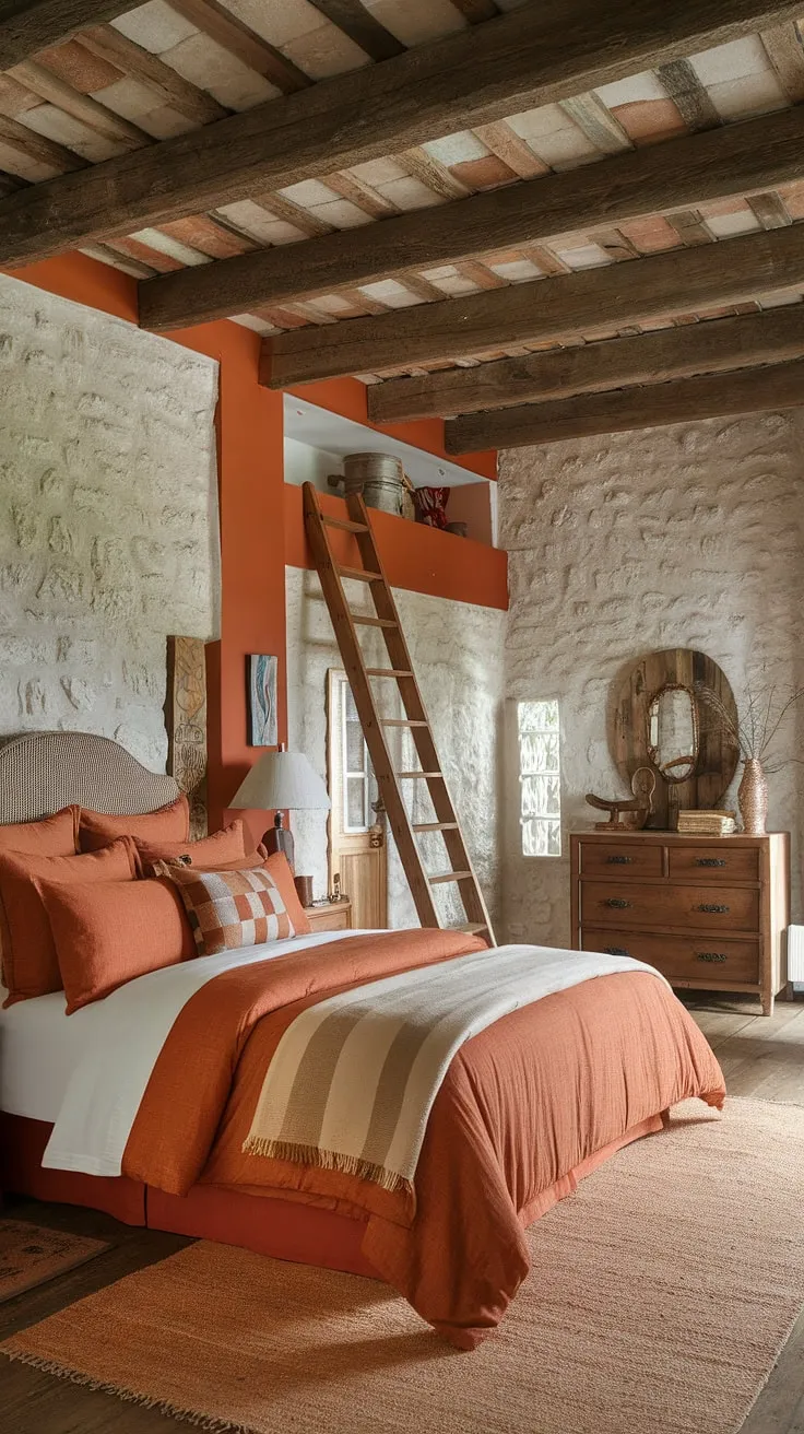 Sun-drenched terracotta and burnt orange hues create a warm, inviting haven in this rustic bedroom. The stone wall, exposed beams, and wooden ladder add to the charming, lived-in feel, making it a space where comfort and character meet. A perfect blend of cozy and adventurous.
