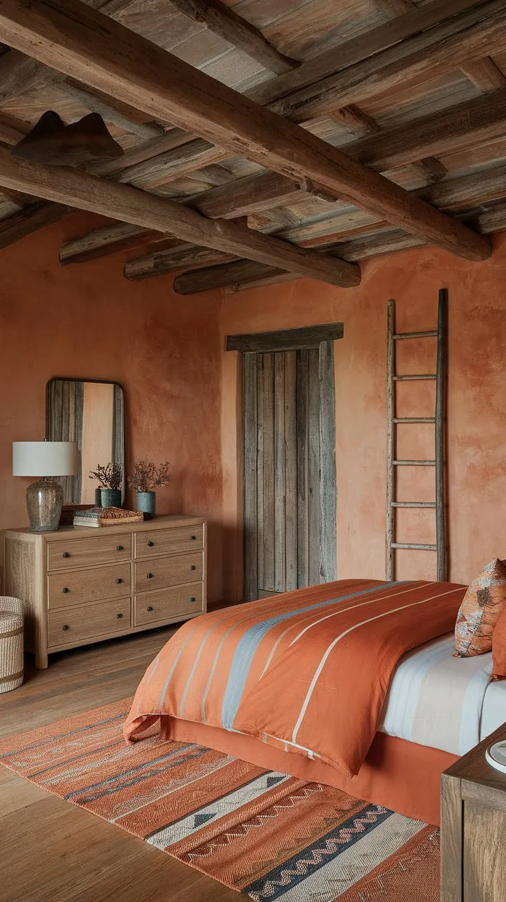 Sun-drenched terracotta hues and rustic charm create a haven of warmth in this orange bedroom. The wooden beams, stone walls, and handcrafted details whisper tales of cozy evenings and peaceful mornings. A perfect blend of comfort and character.