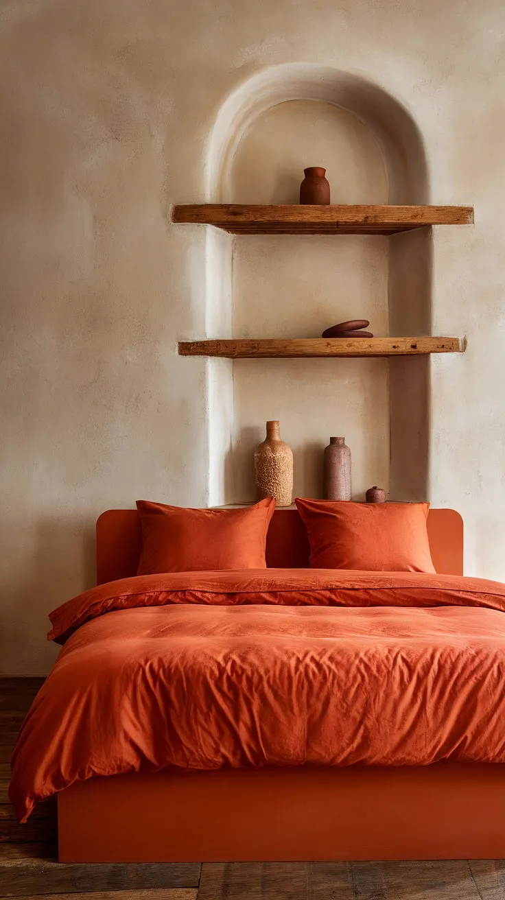 Escape to this tranquil bedroom, where the warm embrace of burnt orange bedding and terracotta accents creates a serene atmosphere. The subtle grey walls and rustic wooden floors provide a calming backdrop, making this space a true retreat. A place to unwind and recharge.
