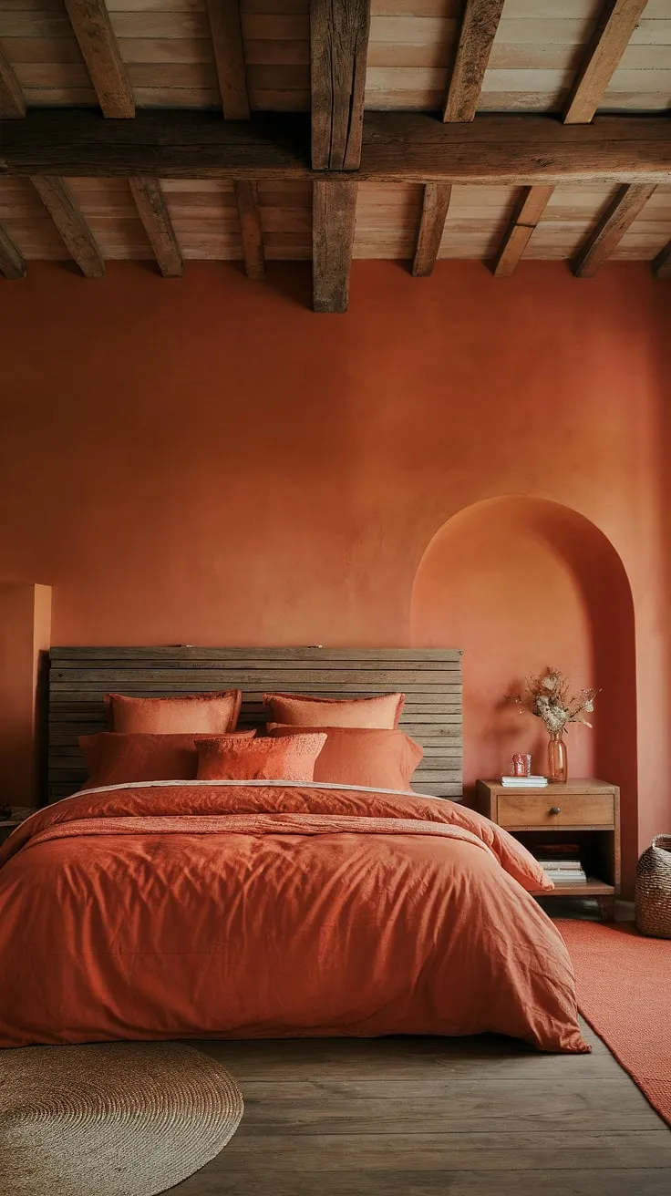 Imagine waking up in this dreamy orange bedroom. The exposed wooden beams, handcrafted headboard, and woven rug add a touch of rustic elegance to the space, while the burnt orange hues create a warm and inviting ambiance. A perfect blend of comfort and style.