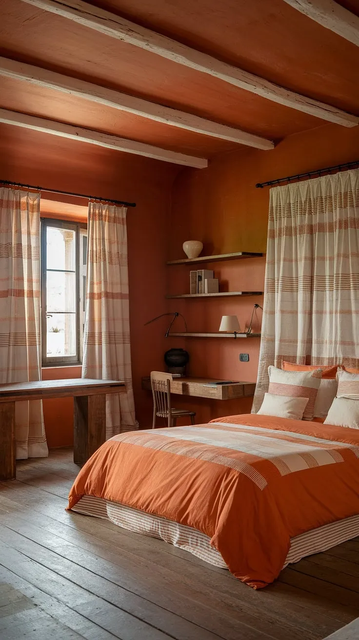 Sun-drenched serenity in this terracotta haven. The warm orange hues, from the walls to the striped bedding, create a cozy and inviting atmosphere, perfect for restful nights and inspired mornings. A simple wooden desk provides a quiet workspace, blending seamlessly with the rustic charm.