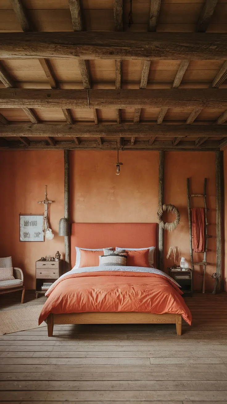 Sun-drenched mornings and cozy nights in this terracotta-toned haven. The rustic wooden beams and rich orange bedding create a warm and inviting atmosphere, perfect for escaping the everyday. A sanctuary of calm and natural beauty.